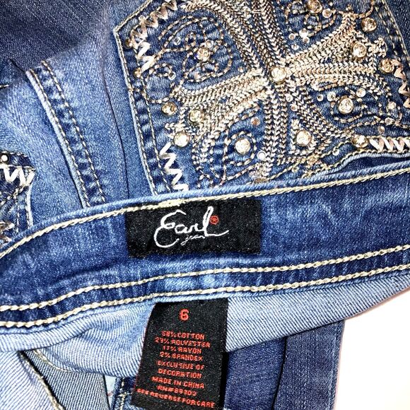 EARL JEAN  Blue Rhinestone Cotton Stretch Denim Jeans Capri Cropped Embroidered - Picture 7 of 8